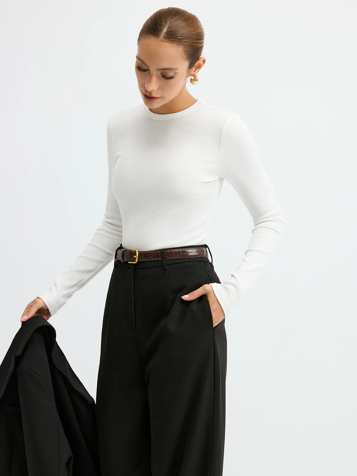 Ribbed Crew Neck Long Sleeve T-Shirt - Image 5