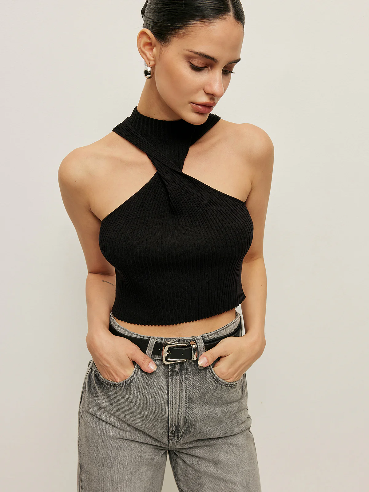 Ribbed Cross Halter Knit Top - Image 4