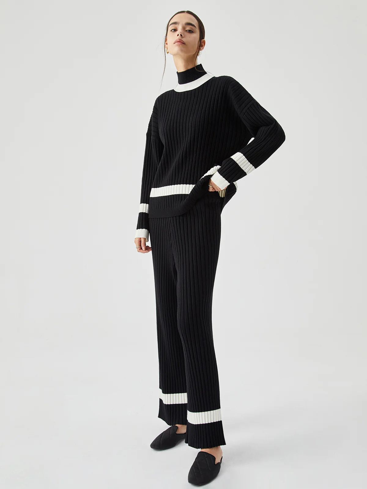 Ribbed Knit Contrast Trim Sweater Pants - Image 2