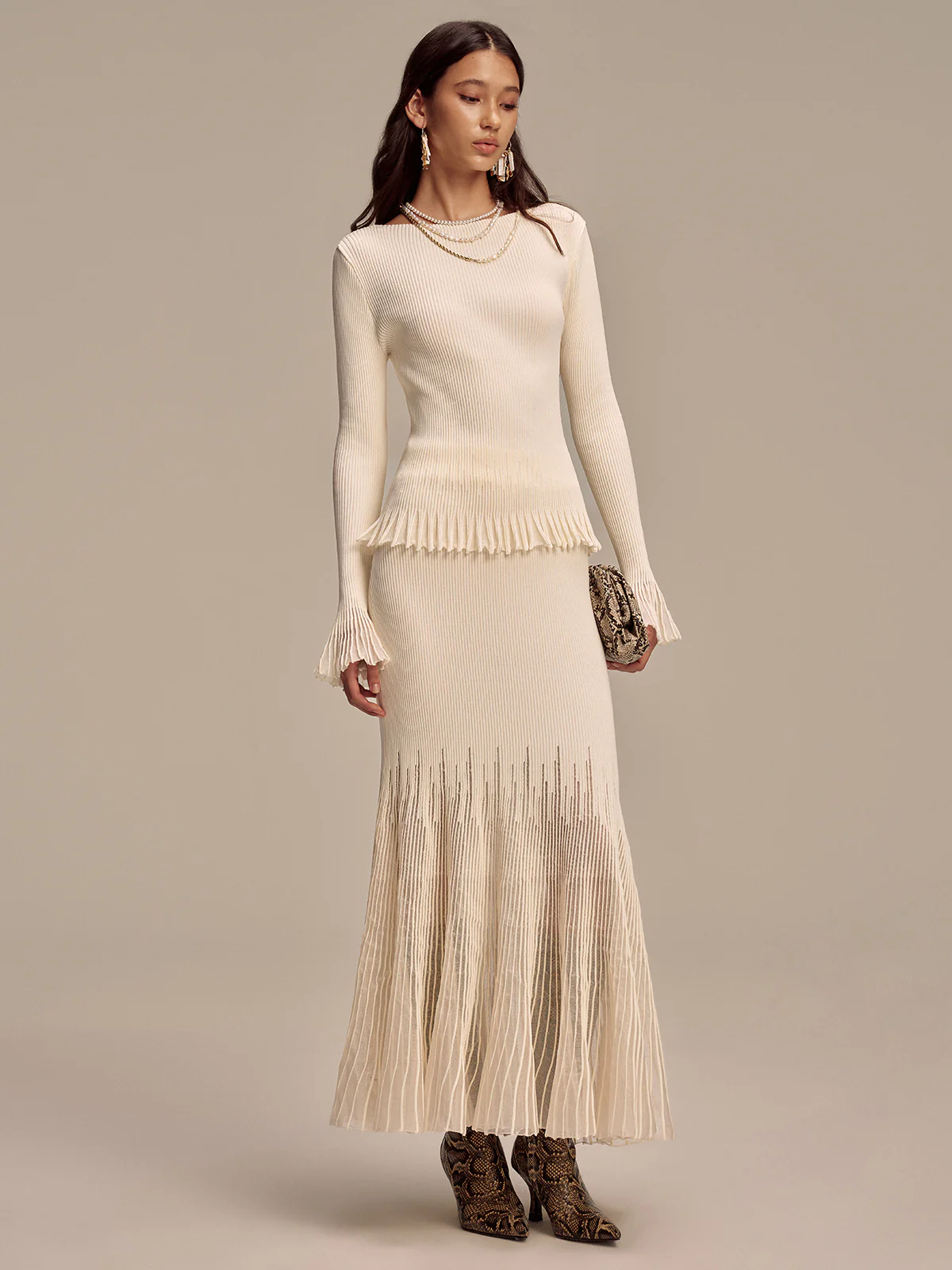 Ribbed Knit Mesh Ruffled Hem Bell Sleeve Top - Image 2