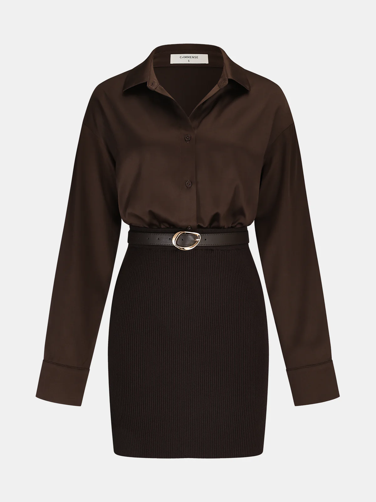 Ribbed Knit Panel Belted Shirt Dress