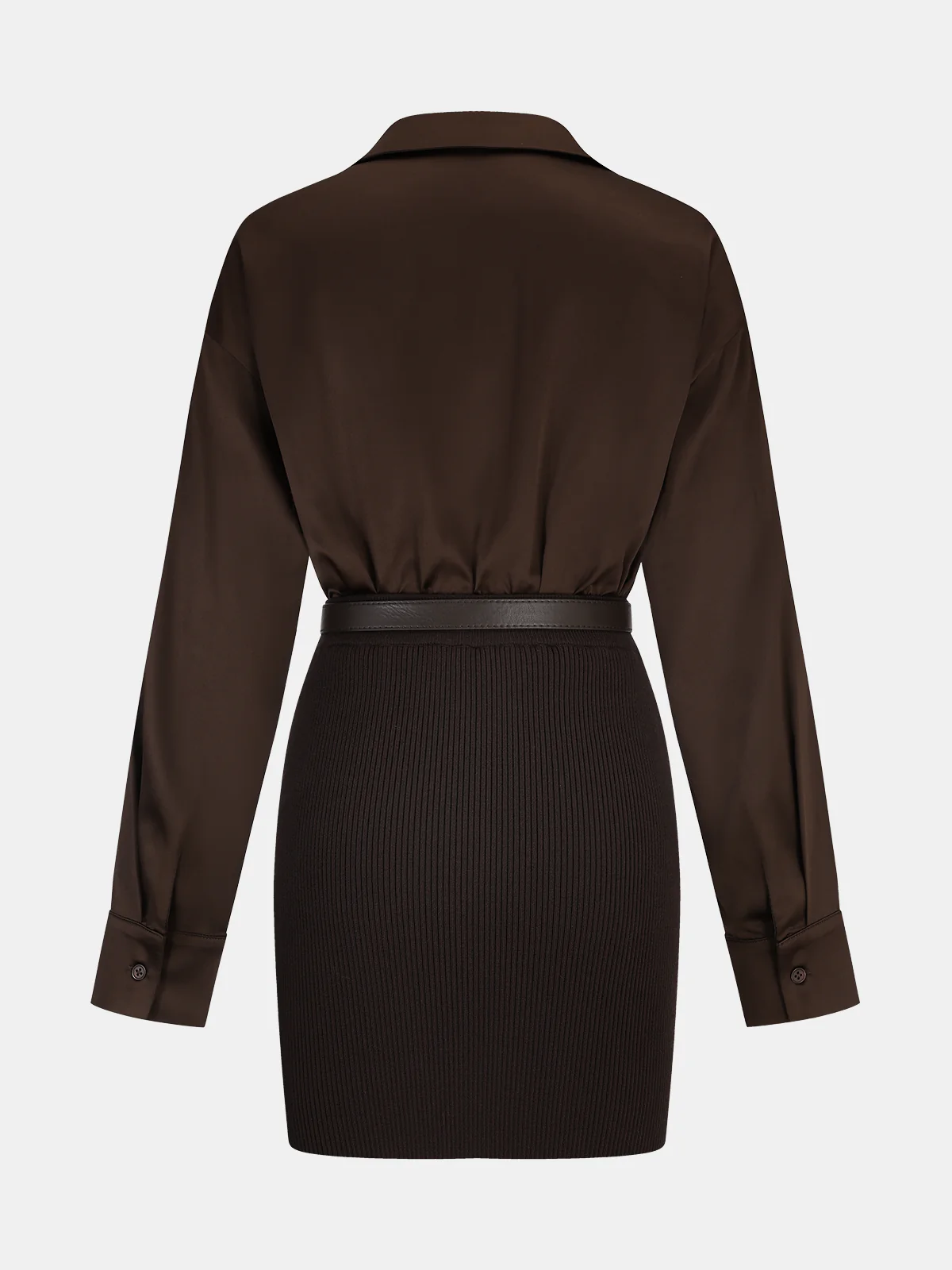 Ribbed Knit Panel Belted Shirt Dress - Image 2