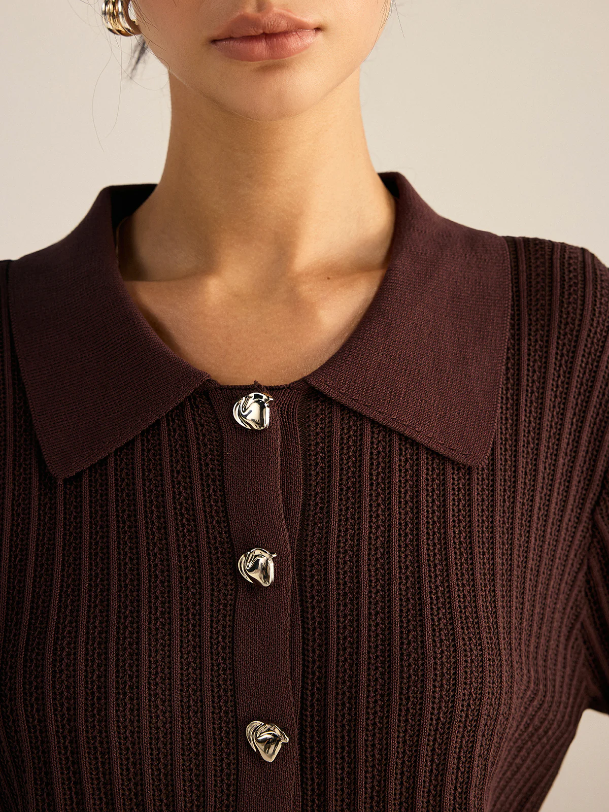 Ribbed Knit Polo-Collar Cardigan - Image 3