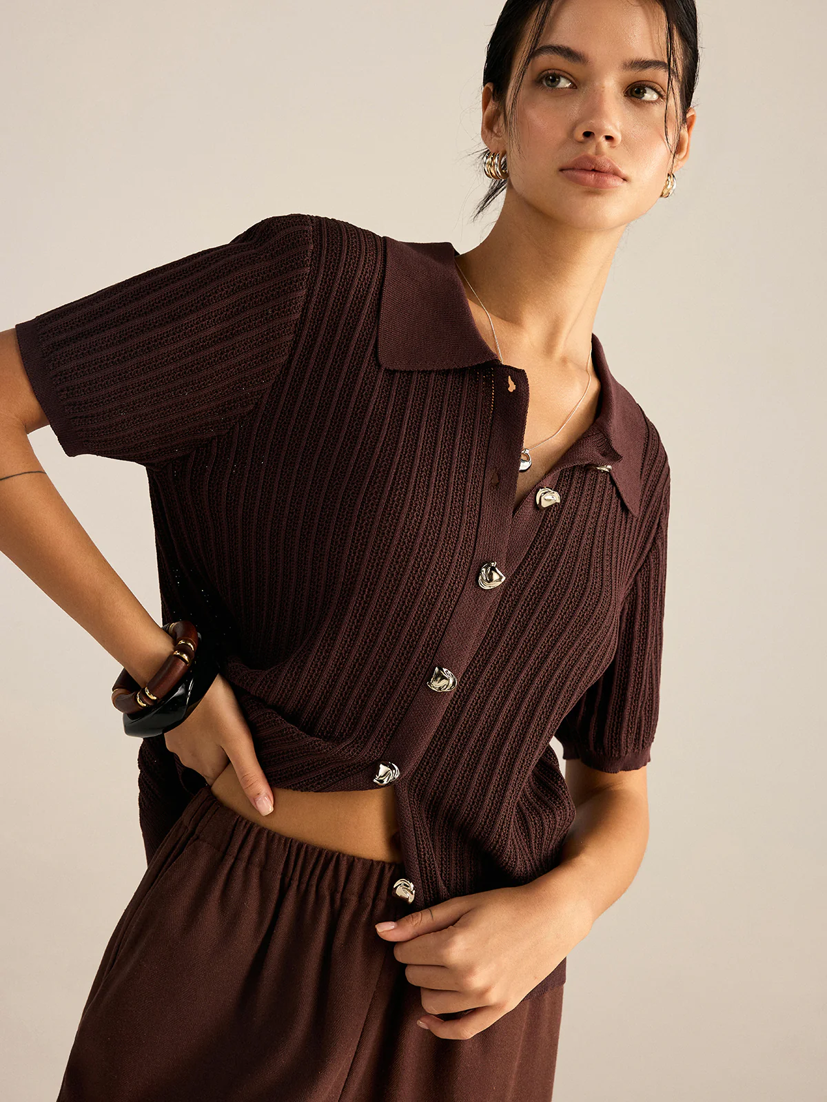 Ribbed Knit Polo-Collar Cardigan - Image 4