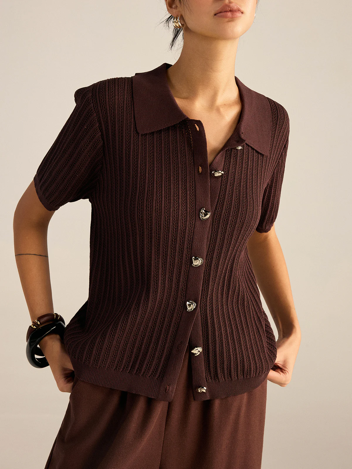 Ribbed Knit Polo-Collar Cardigan - Image 6