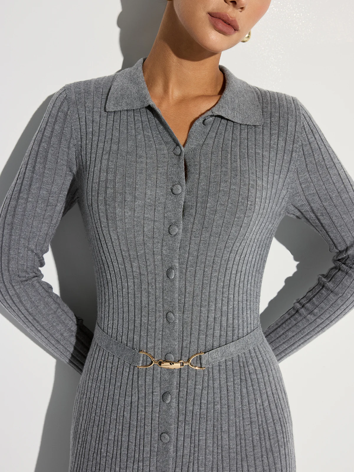 Ribbed Knit Polo Maxi Dress with Belt - Image 2
