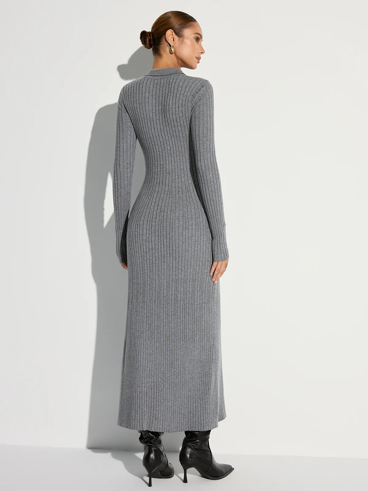 Ribbed Knit Polo Maxi Dress with Belt - Image 3