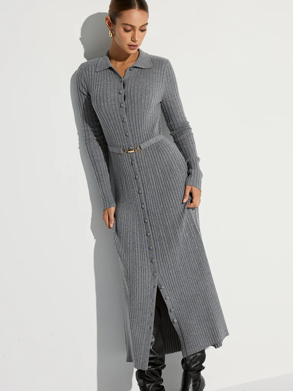 Ribbed Knit Polo Maxi Dress with Belt - Image 4