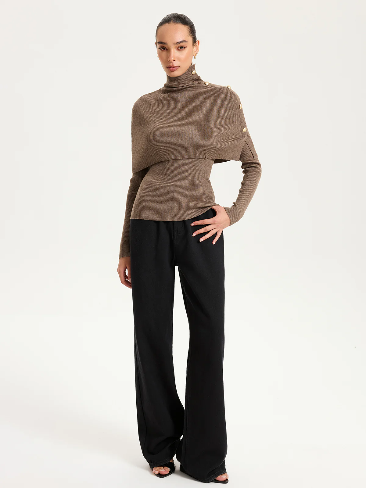 Ribbed Knit Top & Turtleneck Shawl Two-Piece Set - Image 3