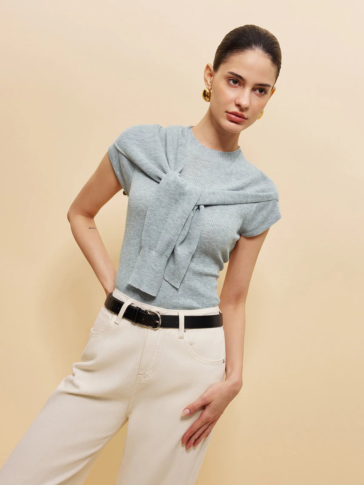 Wool-Blend Ribbed Knit Top With Tied Shawl Detail - Image 5