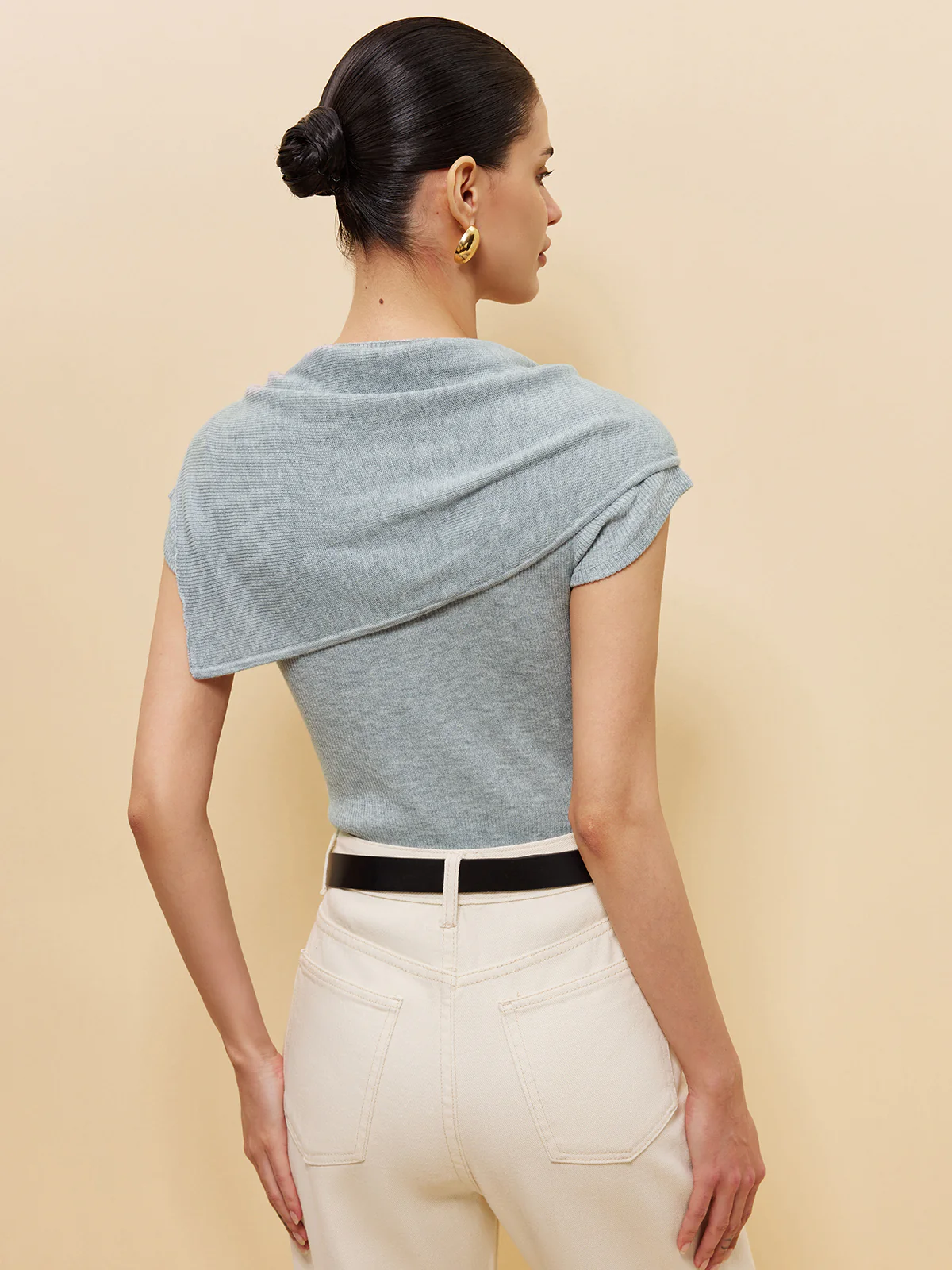 Wool-Blend Ribbed Knit Top With Tied Shawl Detail - Image 6