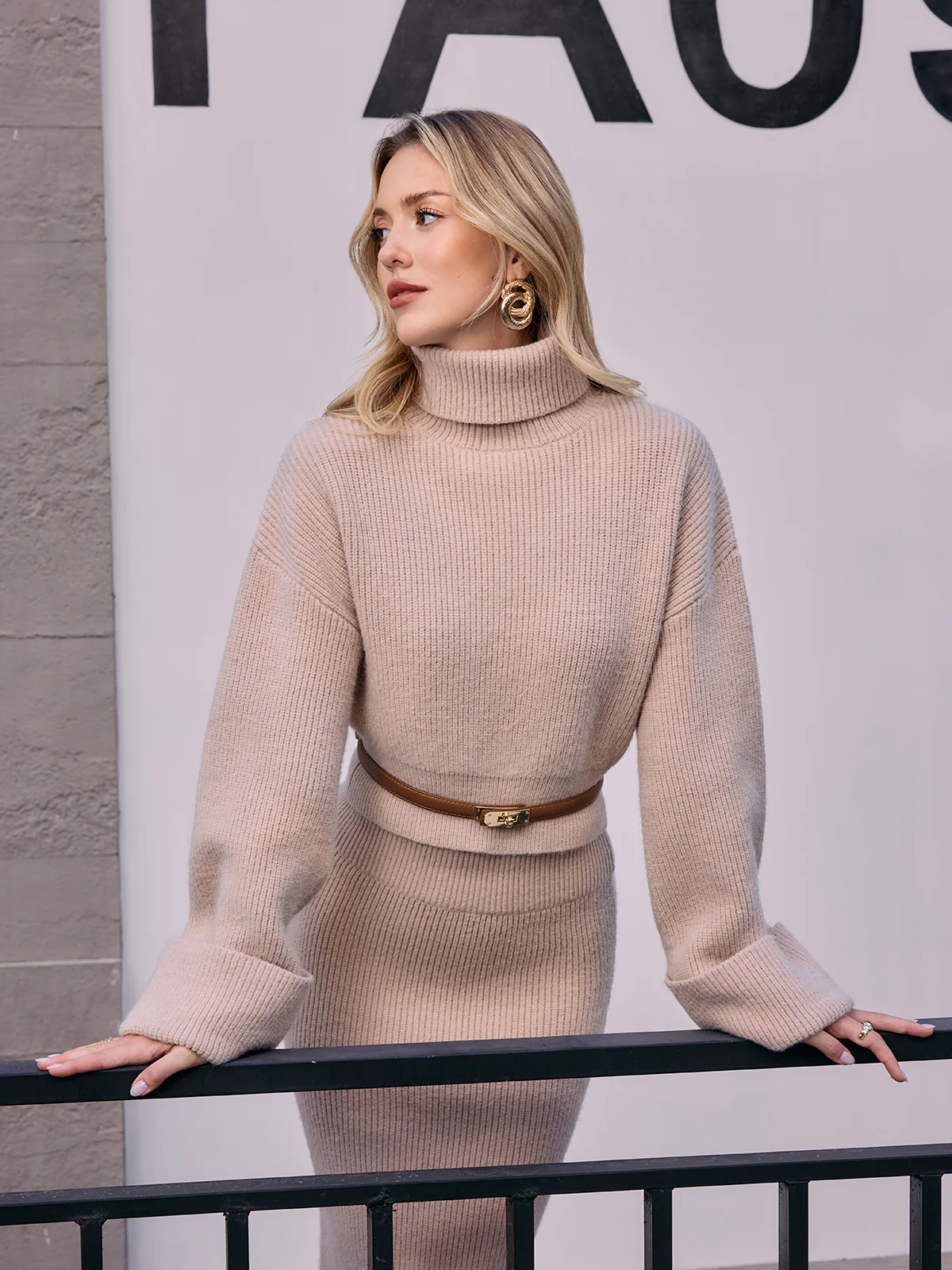 Ribbed Knit Turtleneck Sweater  without Belt - Image 3
