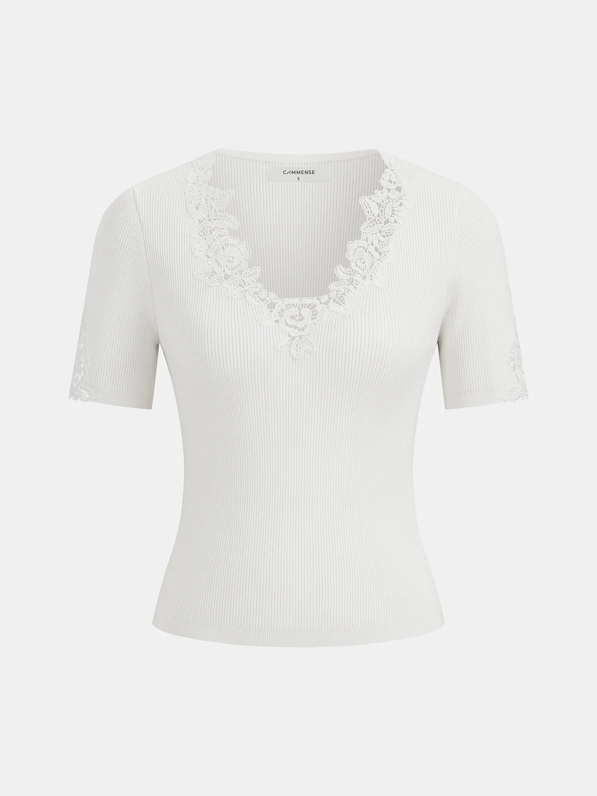 Ribbed Lace V Neck Short Sleeve Knit Top