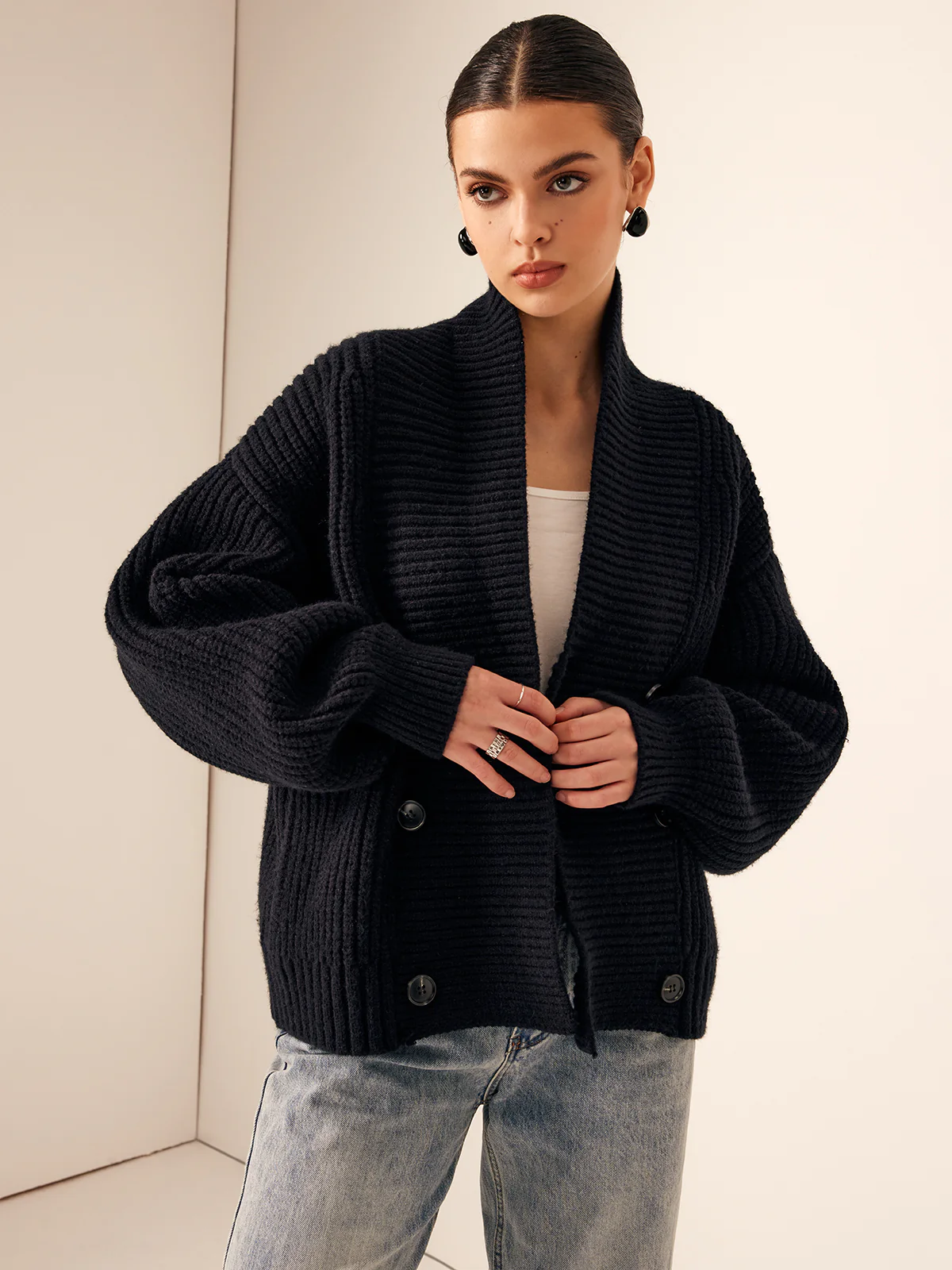 Ribbed Lapel Button Knit Outerwear - Image 4