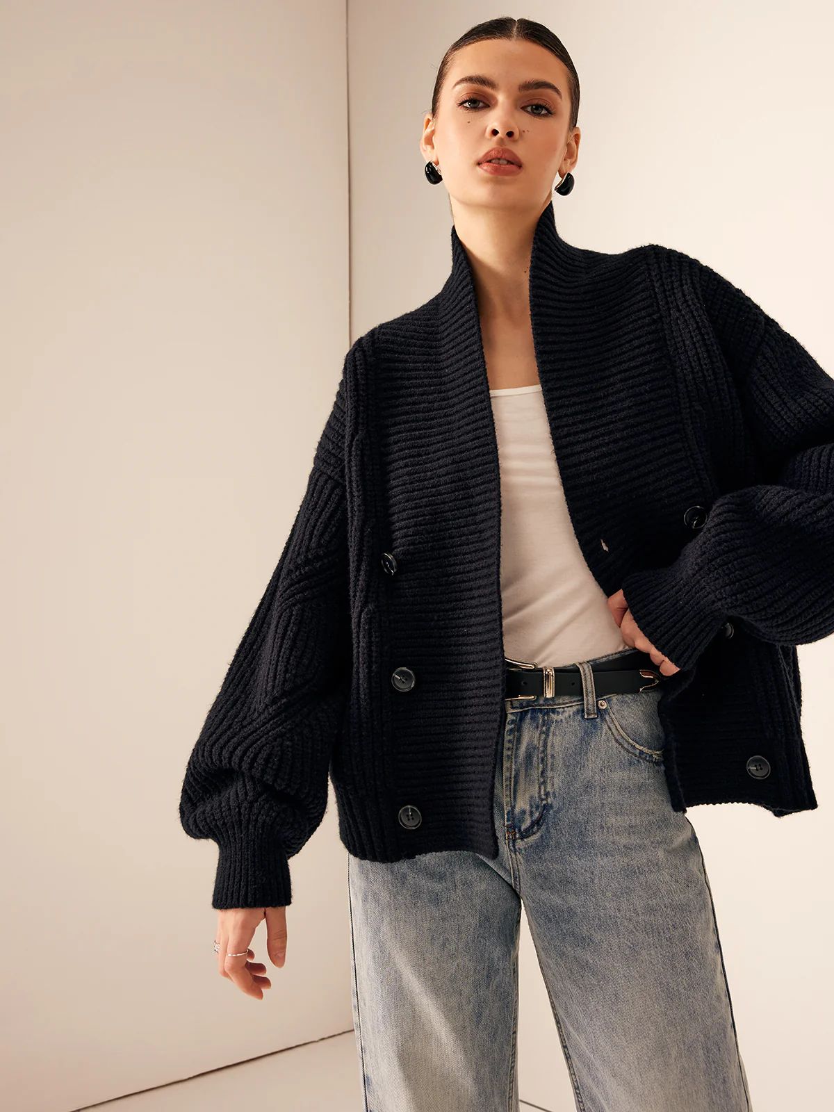 Ribbed Lapel Button Knit Outerwear - Image 5