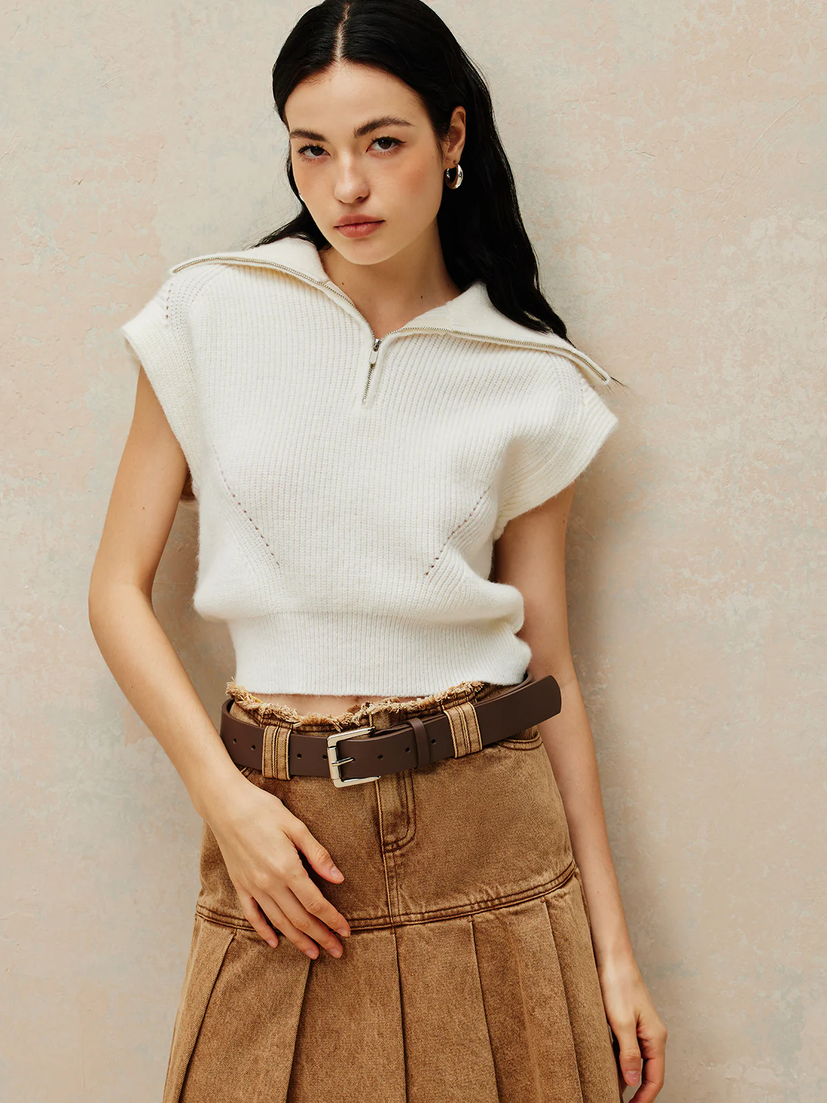 Ribbed Lapel Zipper Sweater Vest - Image 2