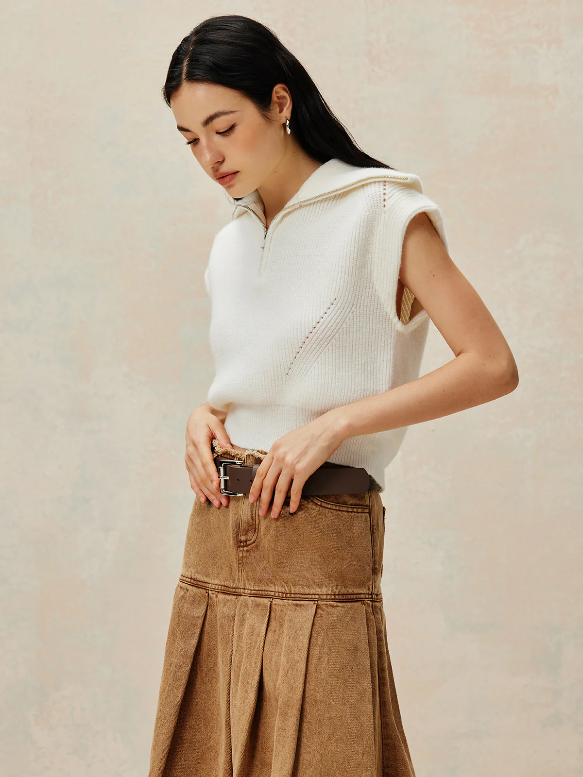 Ribbed Lapel Zipper Sweater Vest - Image 3