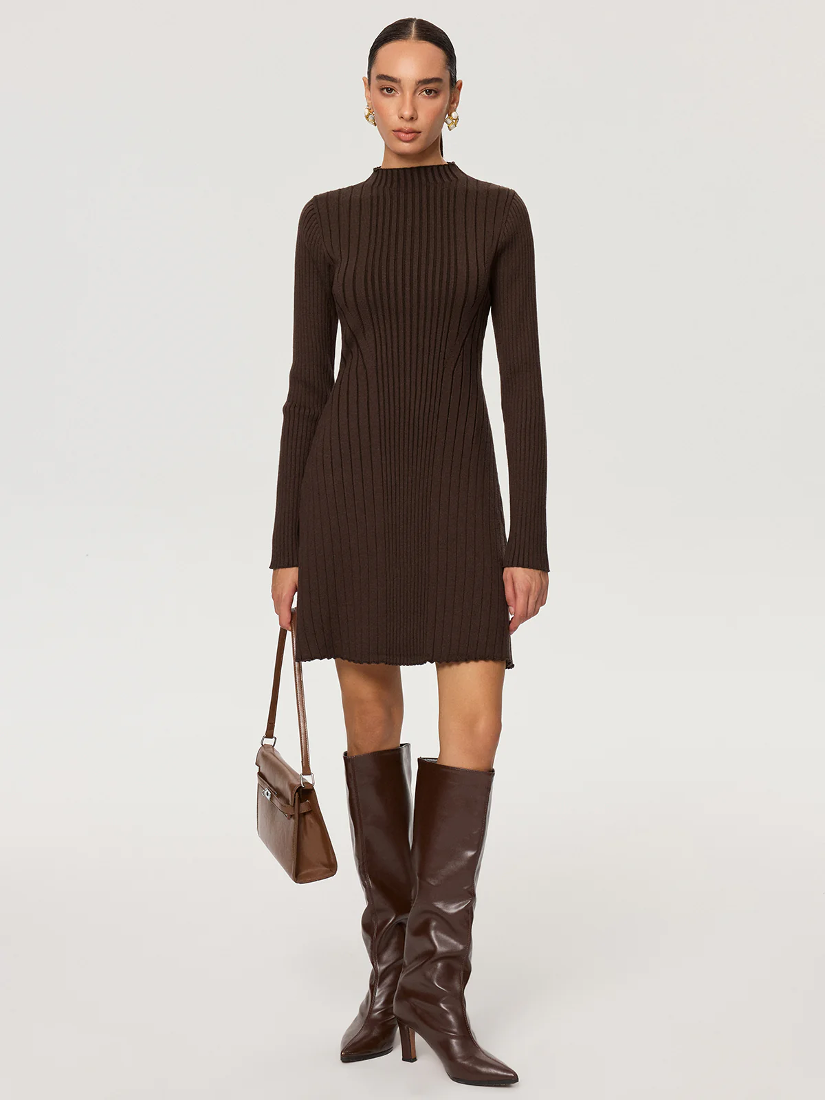 Ribbed Mock Neck Long Sleeve Knit Dress - Image 2