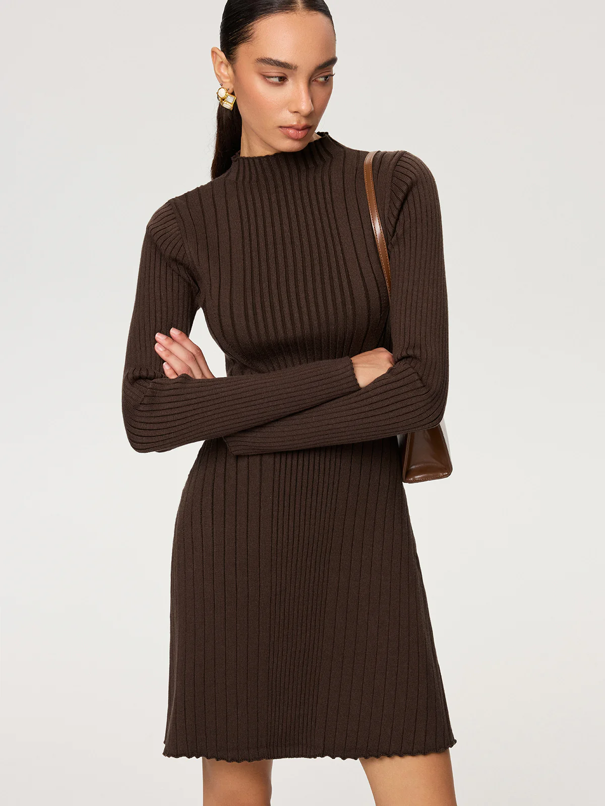 Ribbed Mock Neck Long Sleeve Knit Dress - Image 3