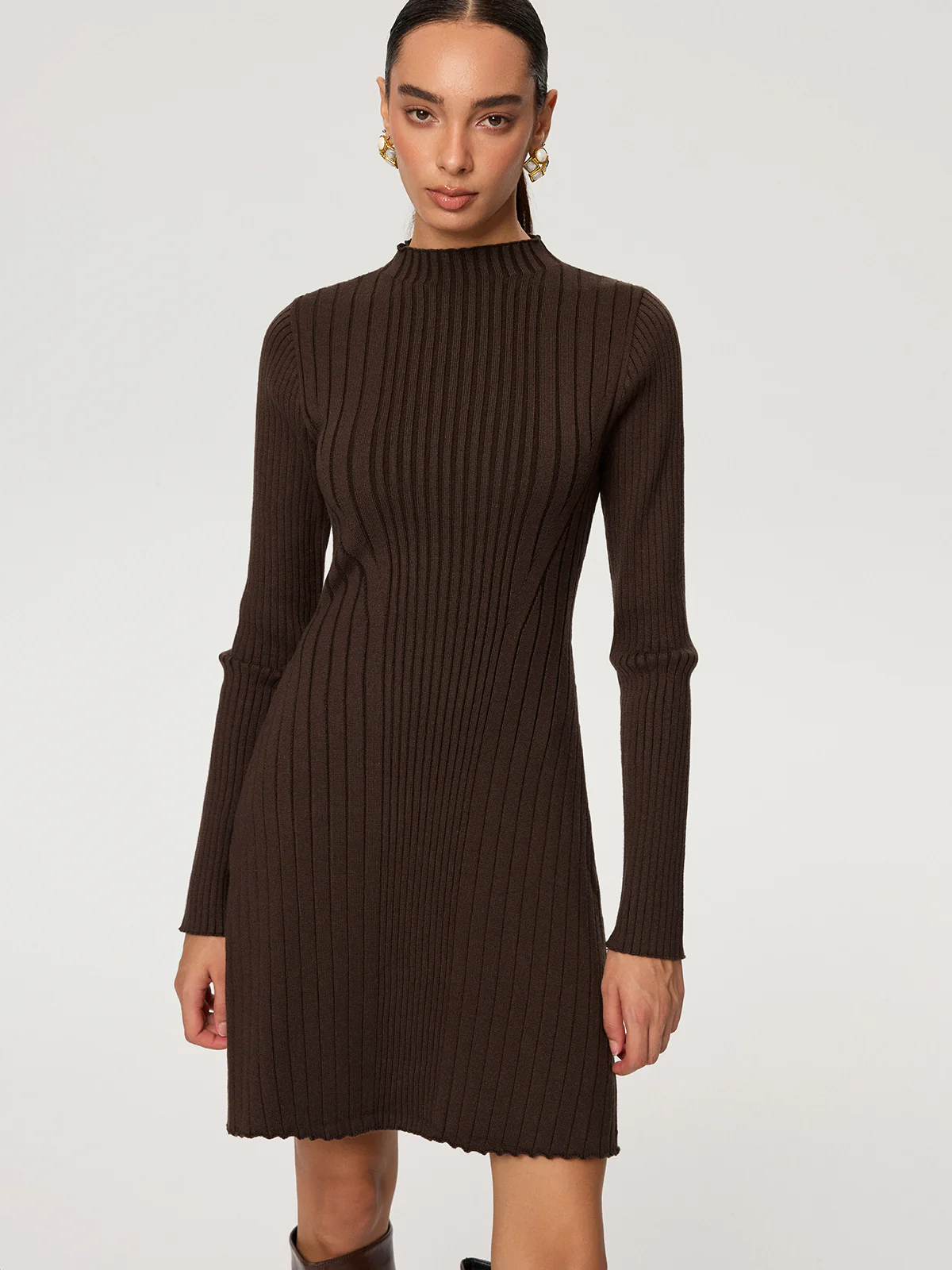 Ribbed Mock Neck Long Sleeve Knit Dress - Image 4