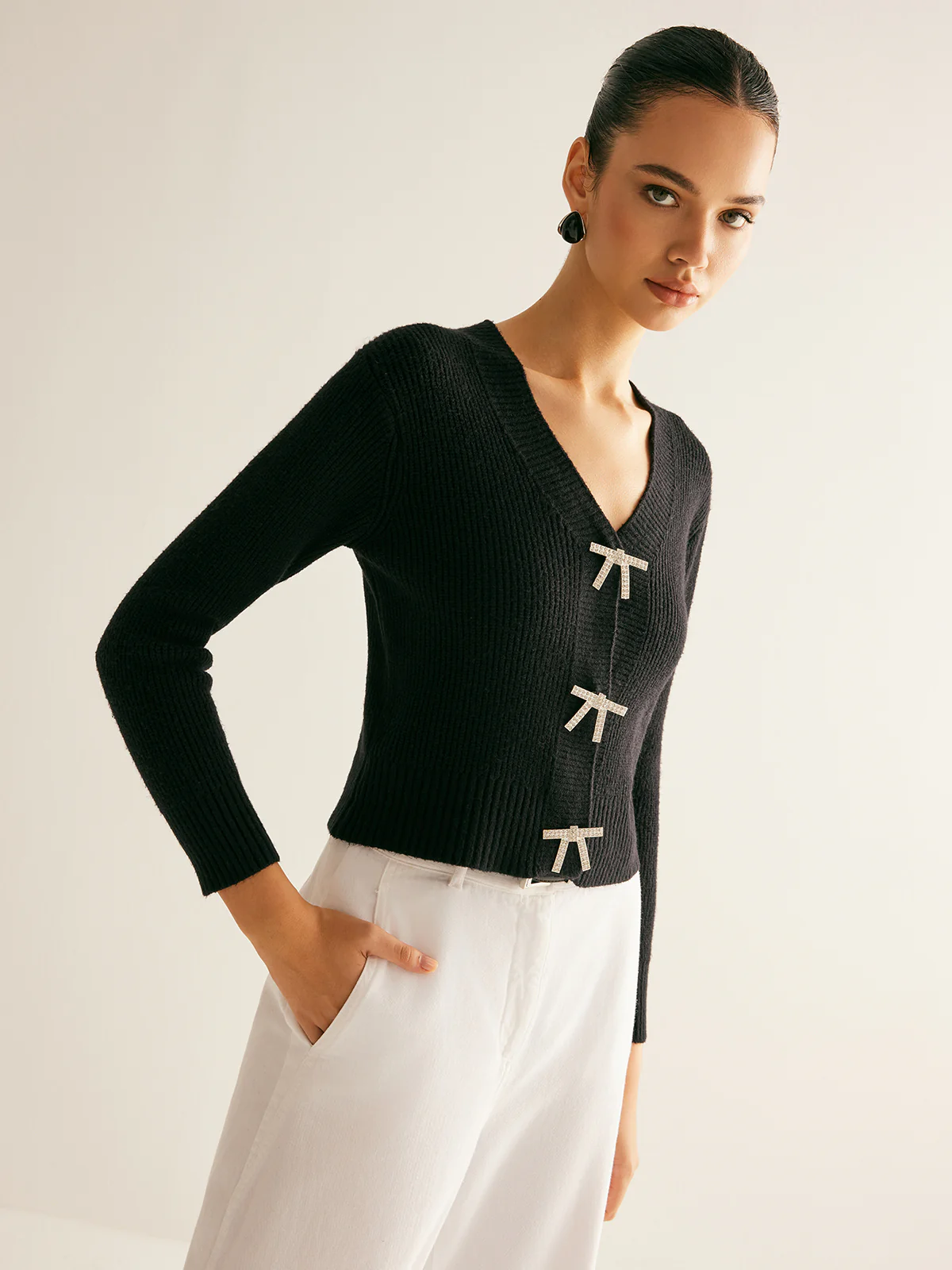 Ribbed Rhinestone Bow Slim Cardigan - Image 4