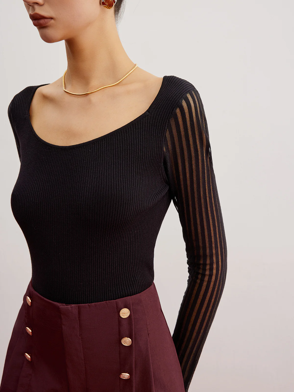 Ribbed Sheer Sleeve Sweater