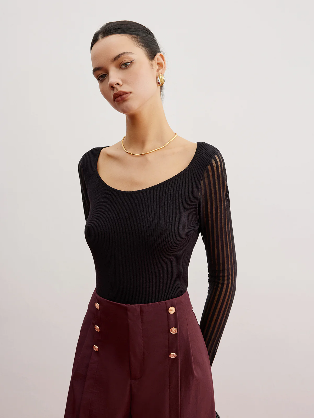 Ribbed Sheer Sleeve Sweater - Image 2