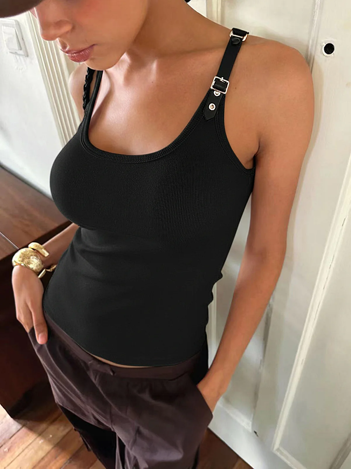 Ribbed Stretchy Faux Leather Buckle Vintage Tank Top - Image 11