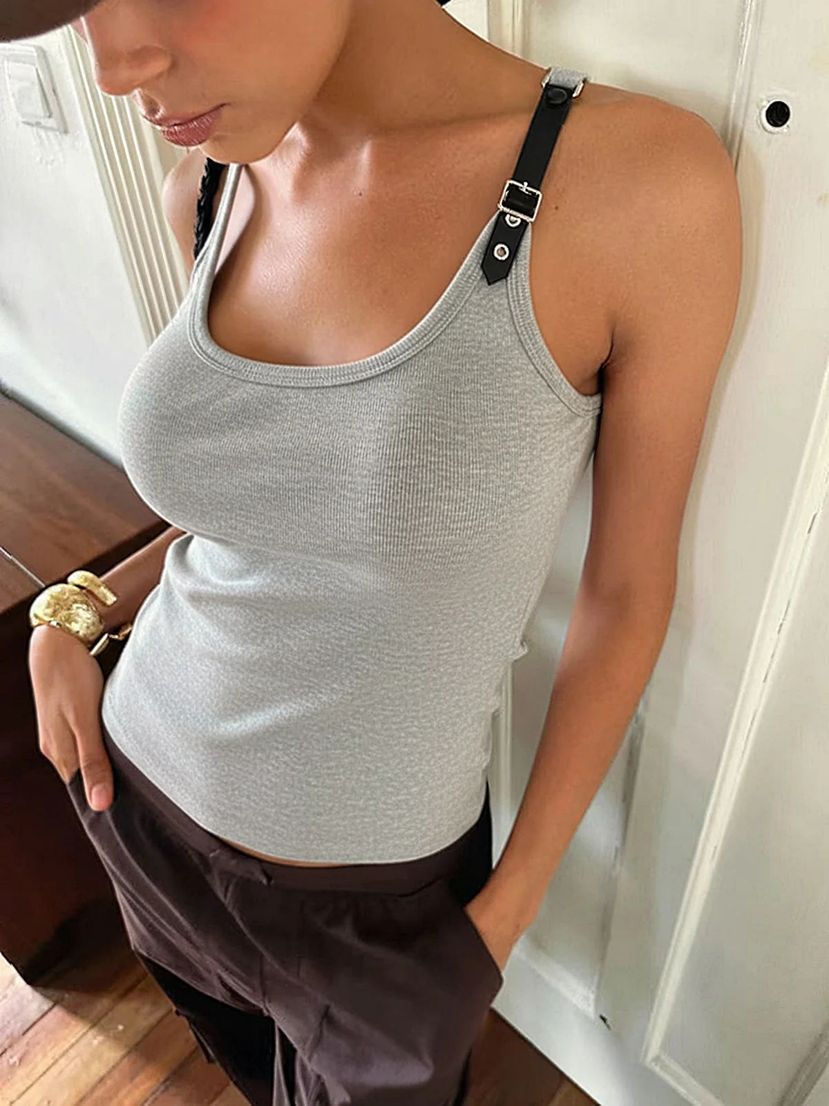 Ribbed Stretchy Faux Leather Buckle Vintage Tank Top - Image 12