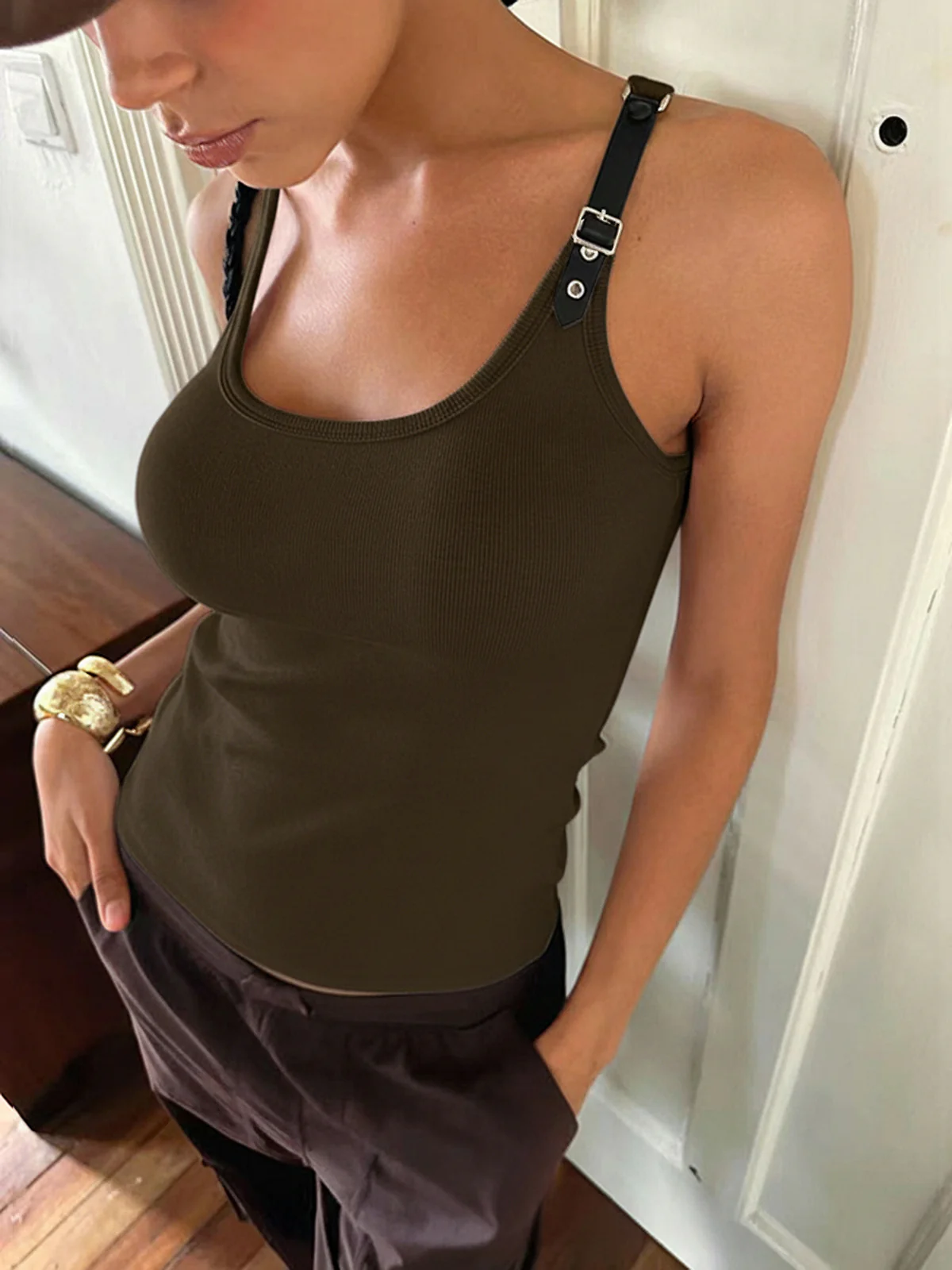 Ribbed Stretchy Faux Leather Buckle Vintage Tank Top - Image 13