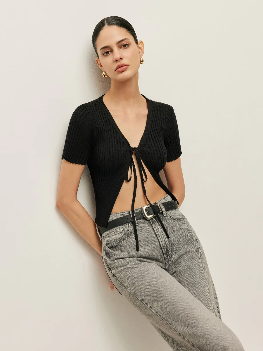Ribbed Tie Front Short Sleeve Top - Image 3