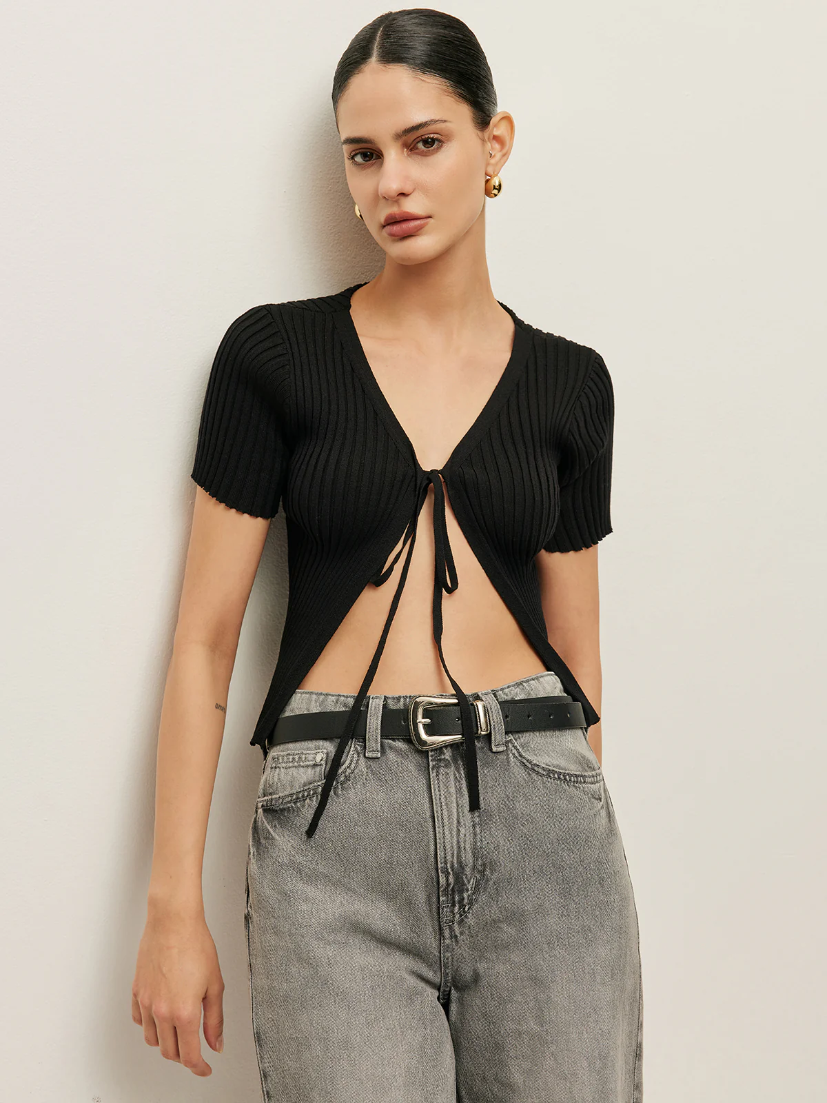 Ribbed Tie Front Short Sleeve Top - Image 4