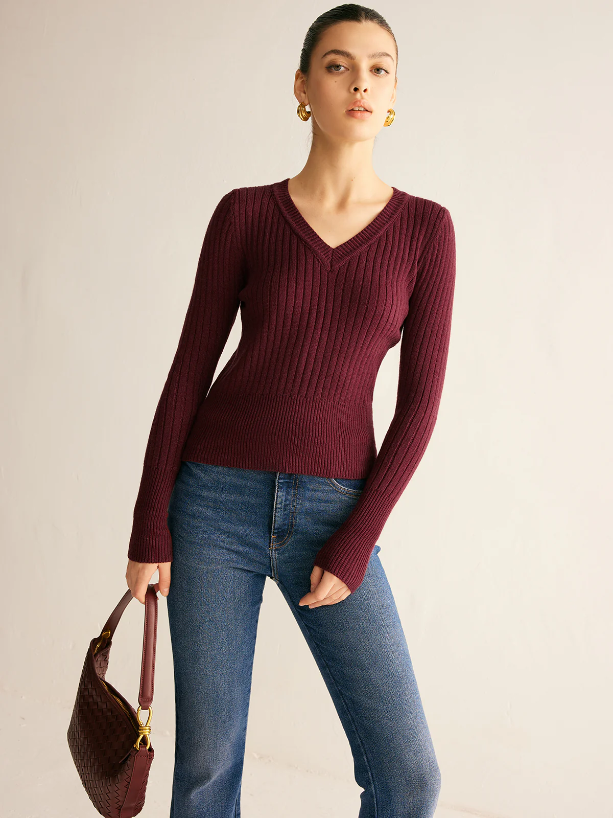 Ribbed V-Neck Skinny Sweater - Image 2