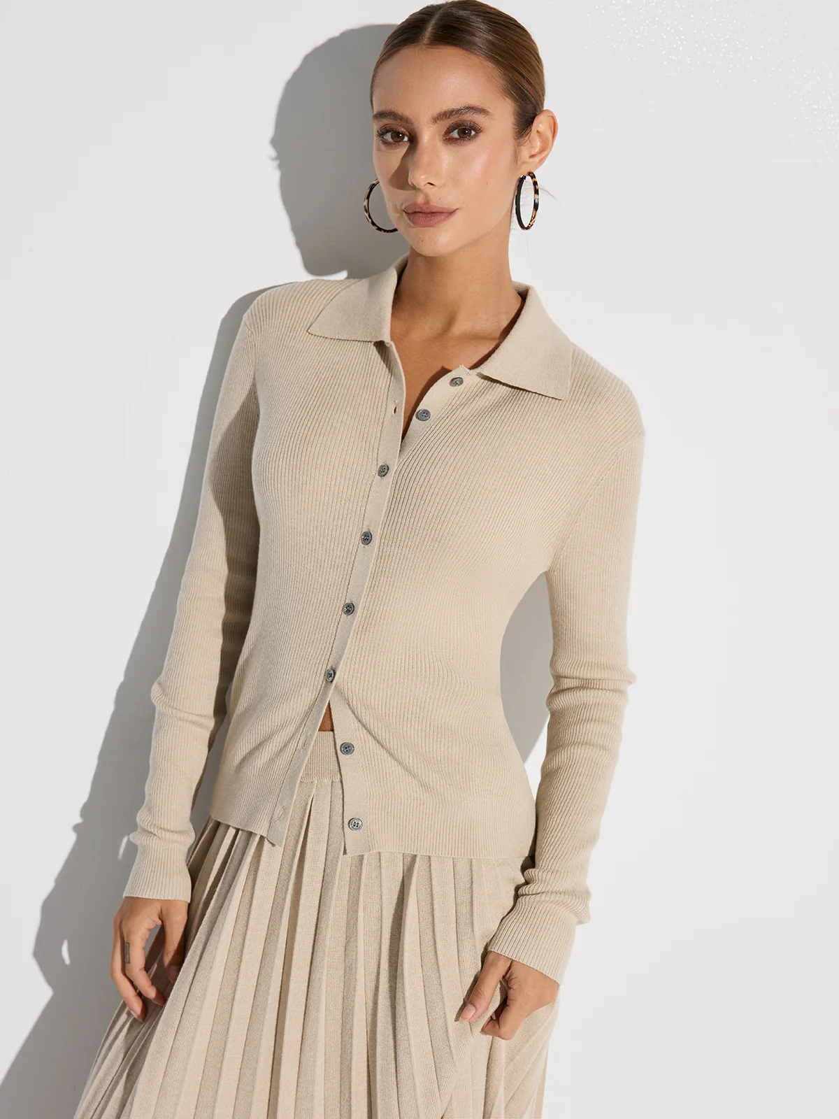 Ribbed Wool Blend Polo Collar Cardigan - Image 3