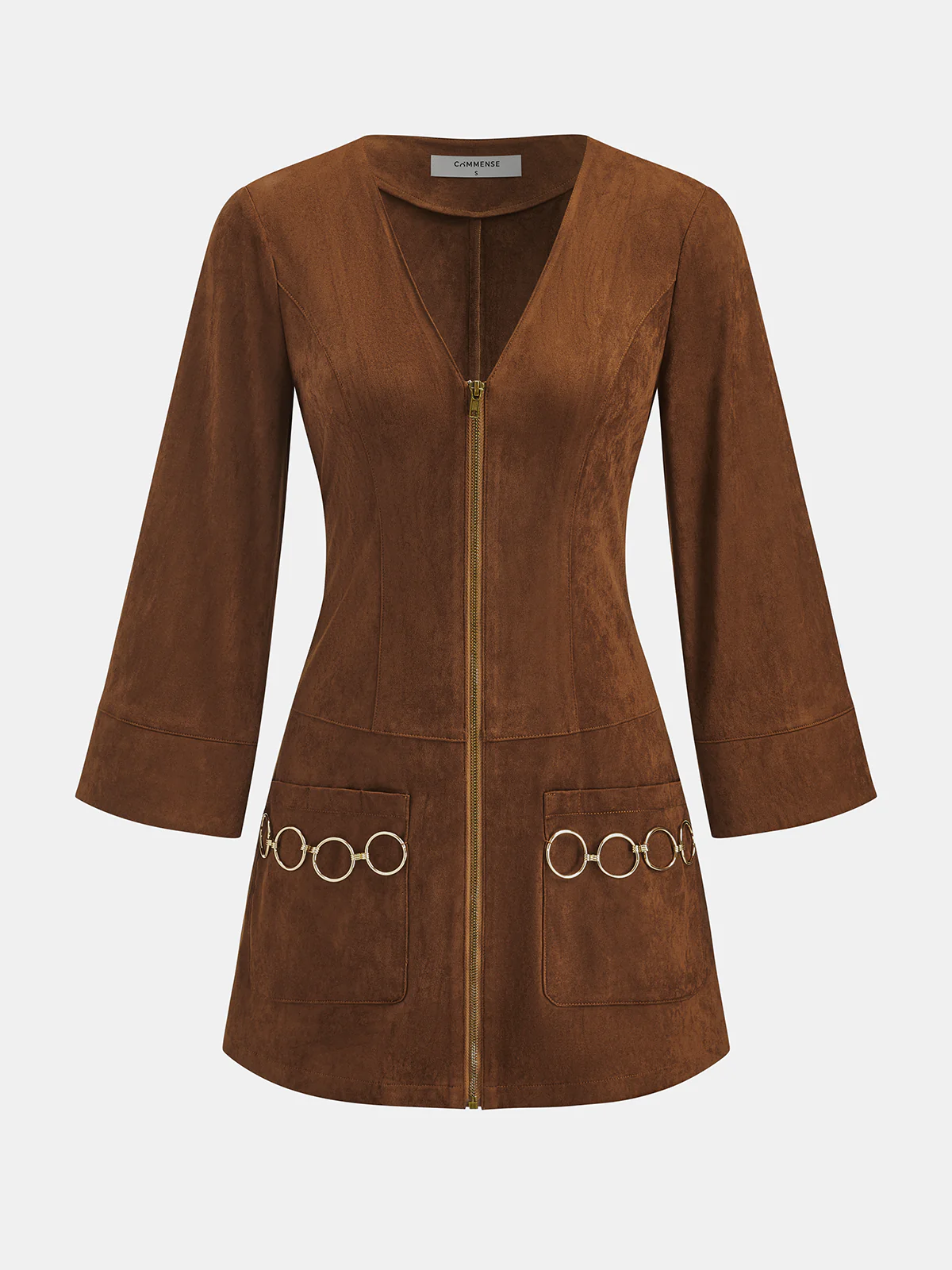 Ring Detail Suede Effect Zip-Front Mini Dress - Image 2