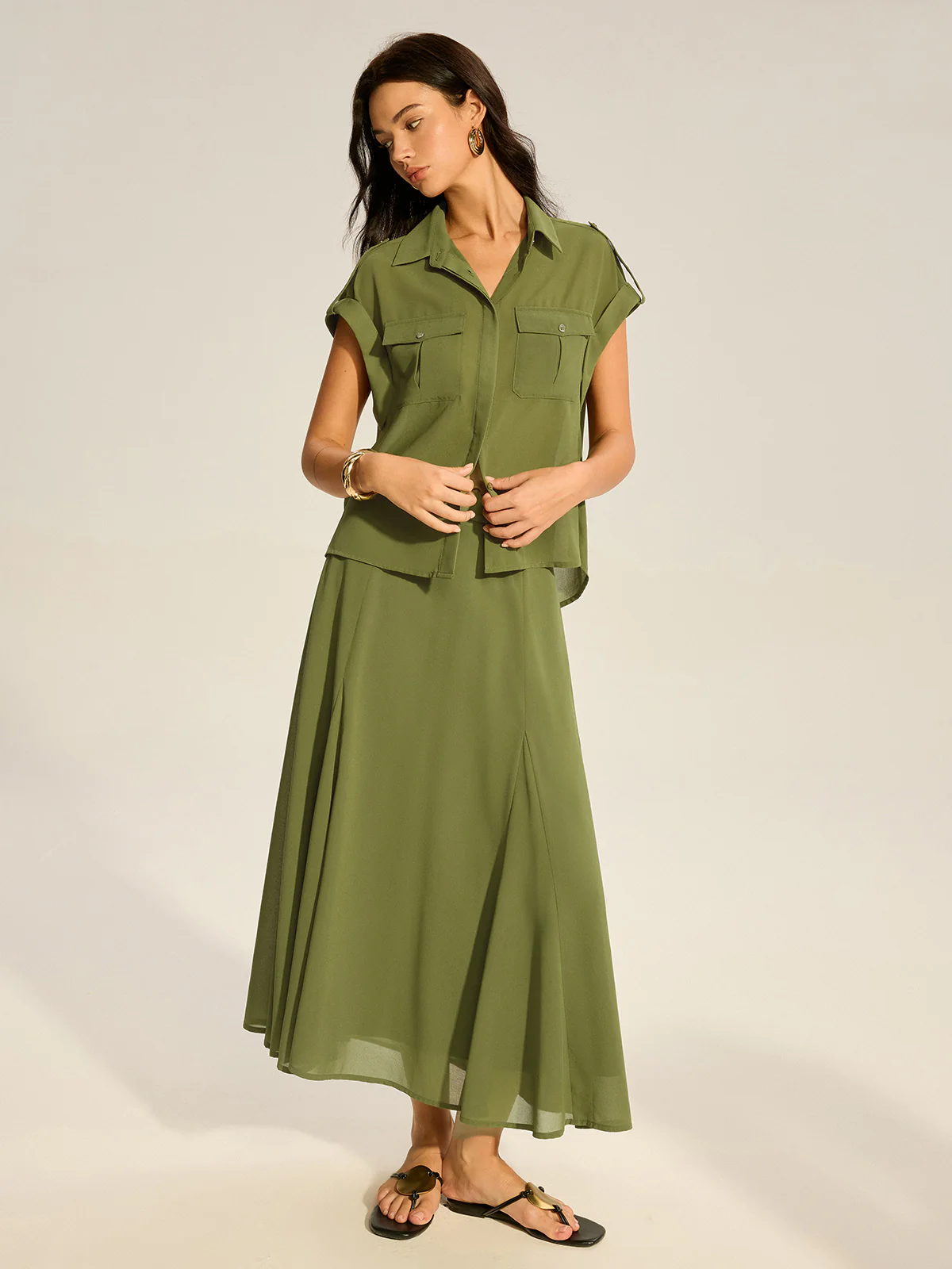 Rolled-Sleeve Pocketed Chiffon Shirt and Midi Skirt Set - Image 2