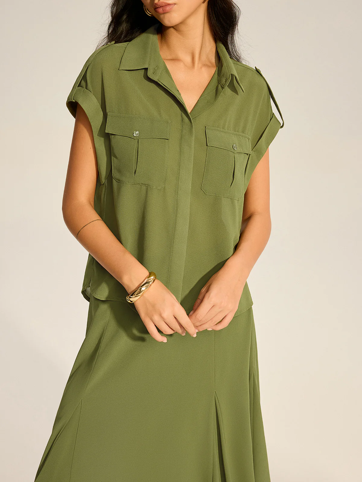 Rolled-Sleeve Pocketed Chiffon Shirt and Midi Skirt Set - Image 3