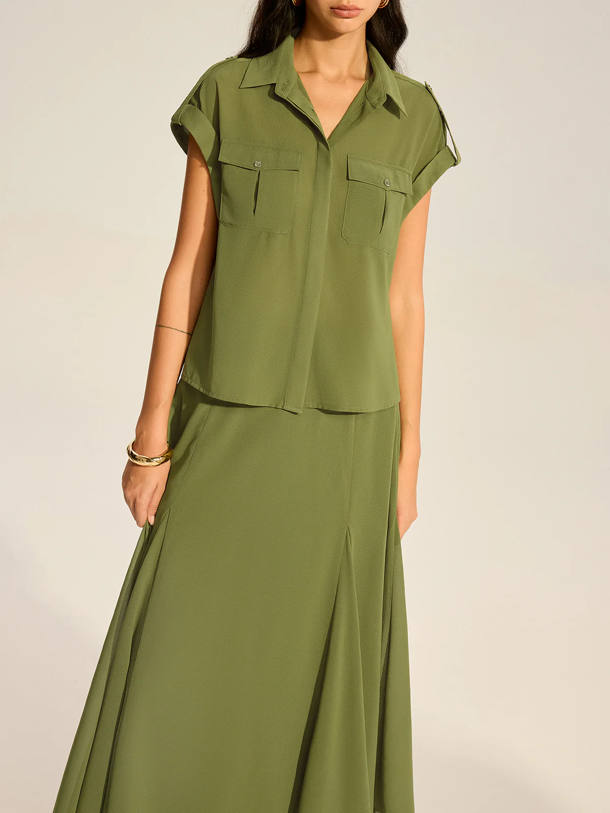 Rolled-Sleeve Pocketed Chiffon Shirt and Midi Skirt Set - Image 4