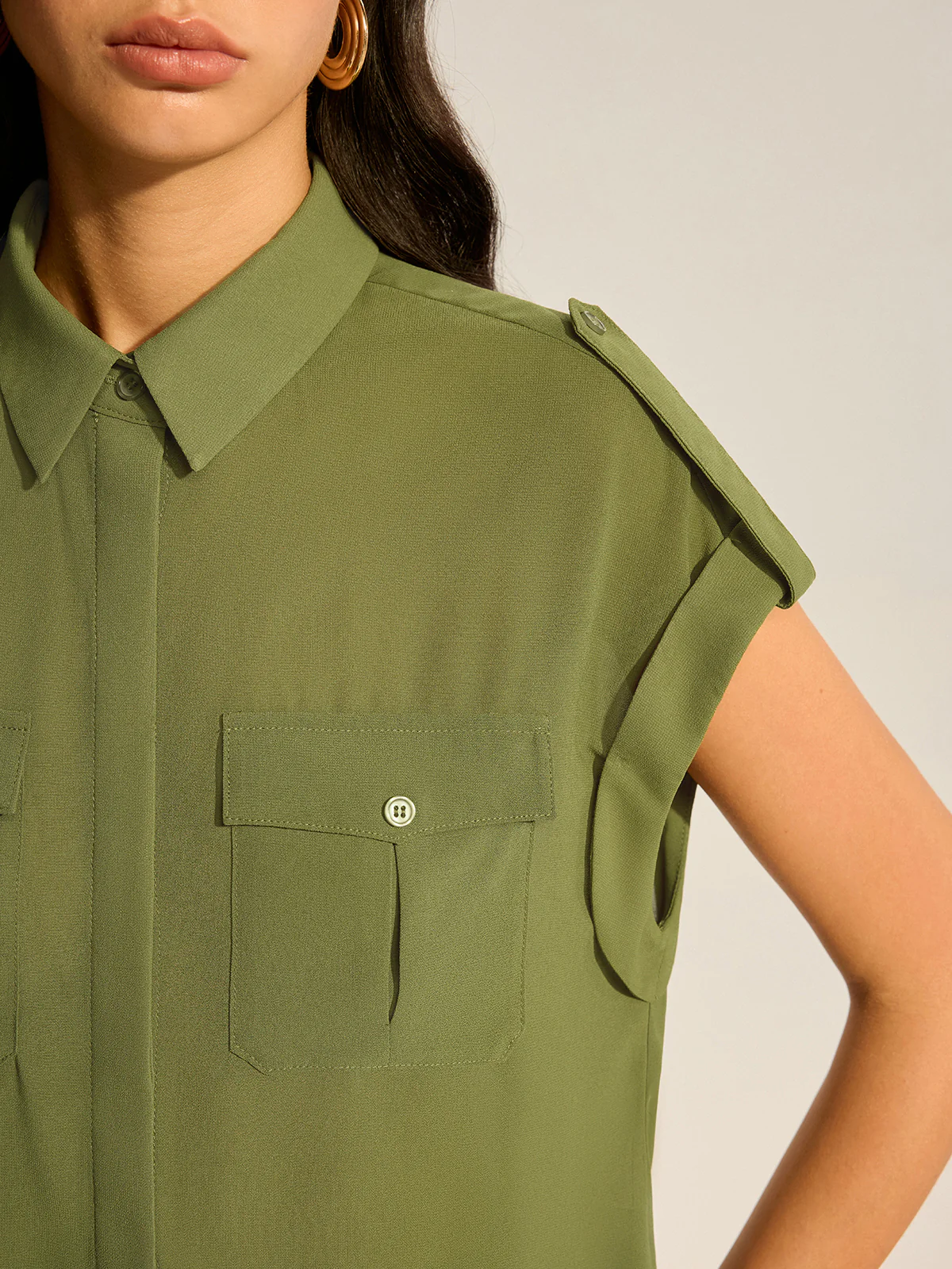 Rolled-Sleeve Pocketed Chiffon Shirt and Midi Skirt Set - Image 5