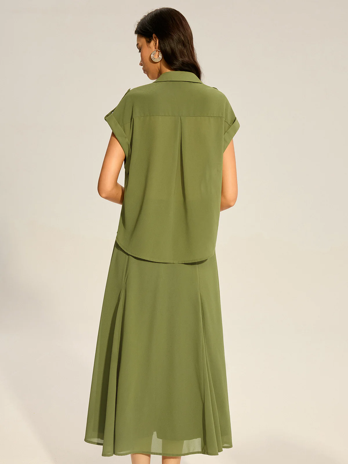 Rolled-Sleeve Pocketed Chiffon Shirt and Midi Skirt Set - Image 6