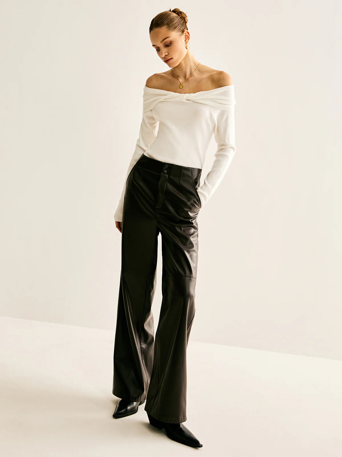 Romance Off-Shoulder Knotted Knit Top - Image 3