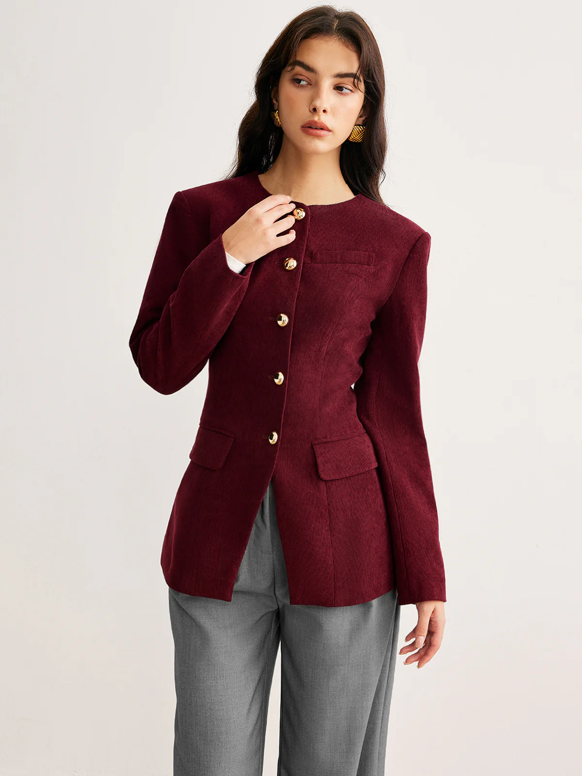 Round Neck Button Corduroy Blazer - Image 4