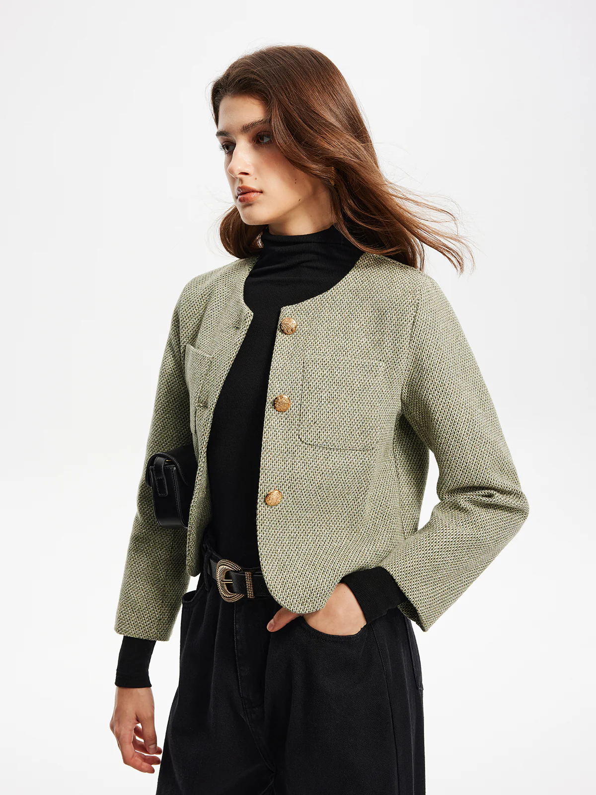 Round Neck Pockets Tweed Jacket - Image 4