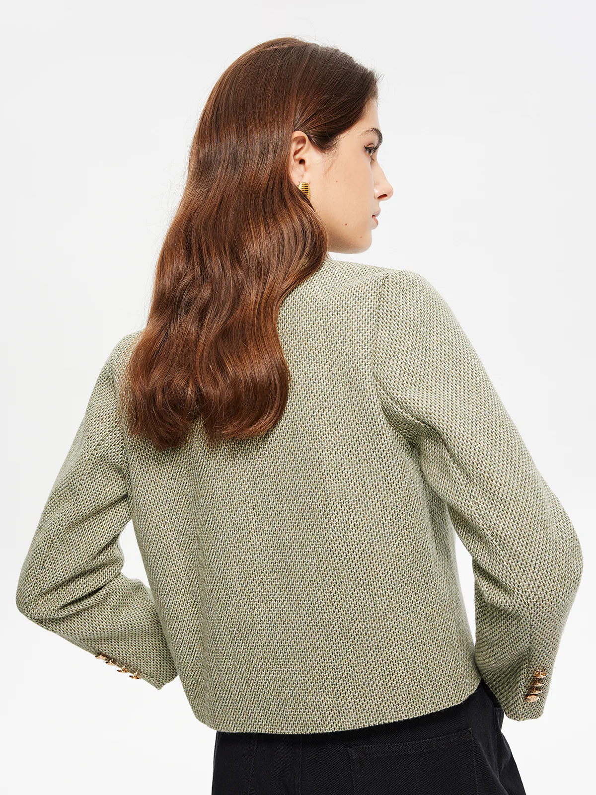 Round Neck Pockets Tweed Jacket - Image 5