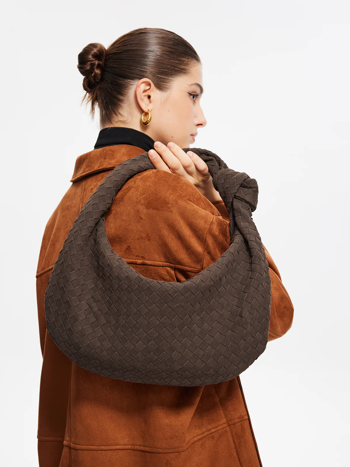 Rounded Woven Knotted Suede Bag - Image 3