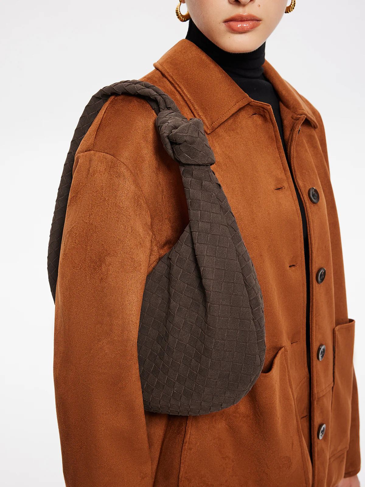 Rounded Woven Knotted Suede Bag - Image 4