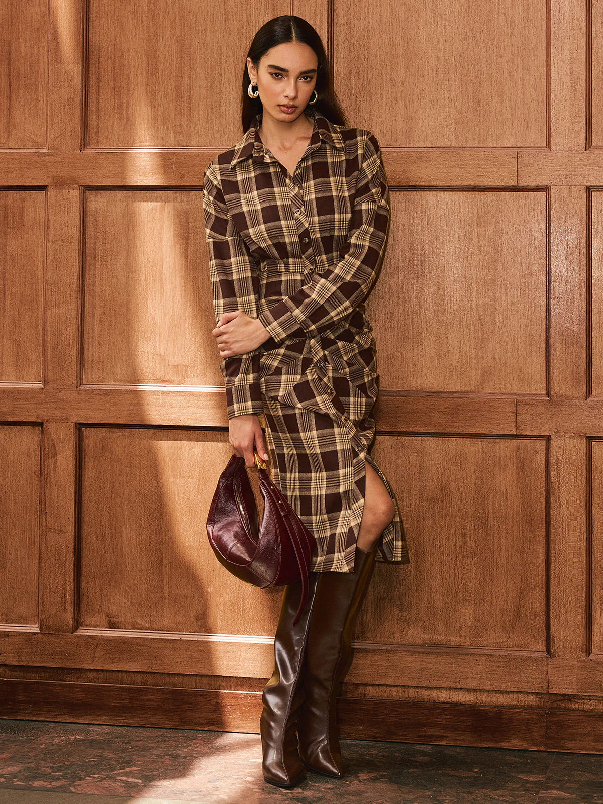 Ruched Button-Front Plaid Shirt Dress - Image 4