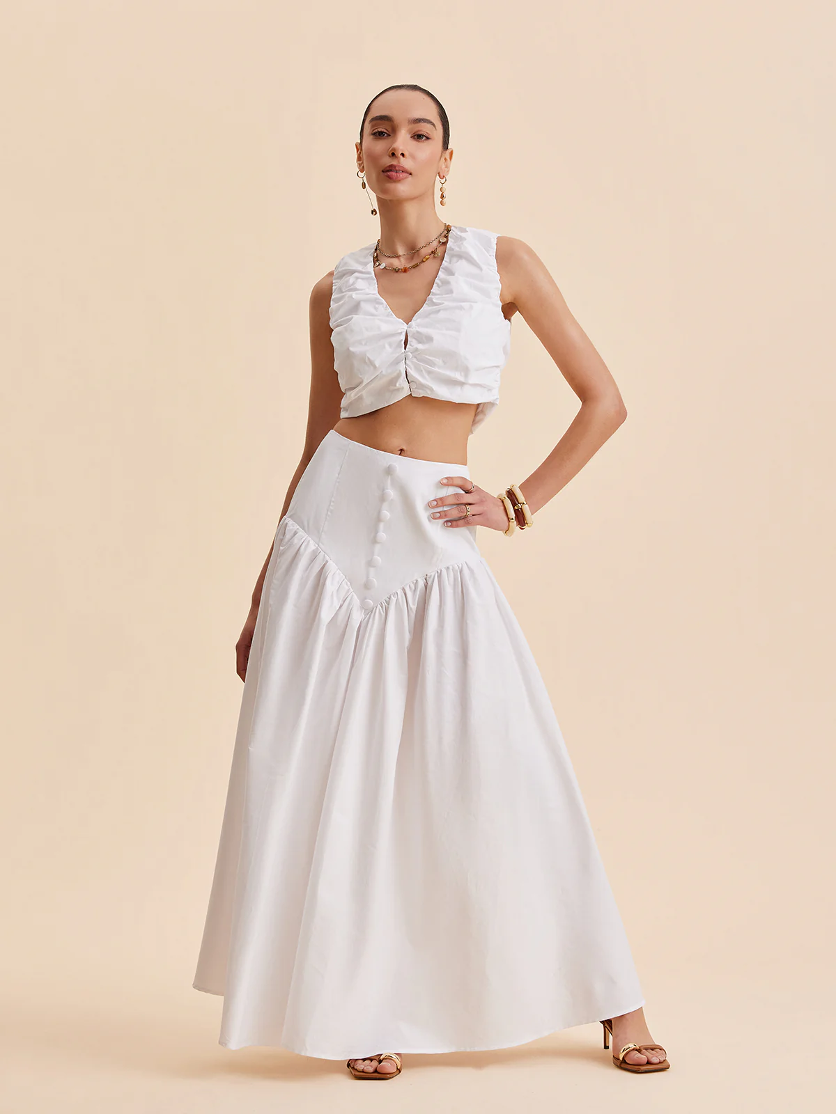 Ruched Crop Top With Buttoned Skirt Set - Image 2