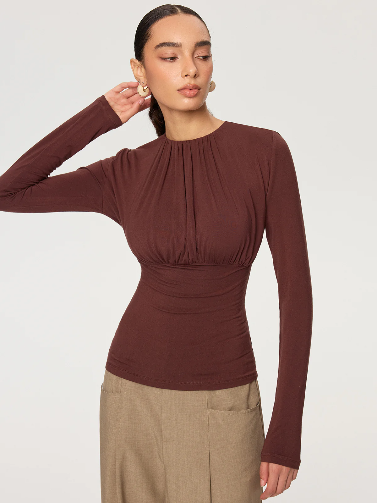 Ruched Long Sleeve Round Neck Knit Blouse - Image 3