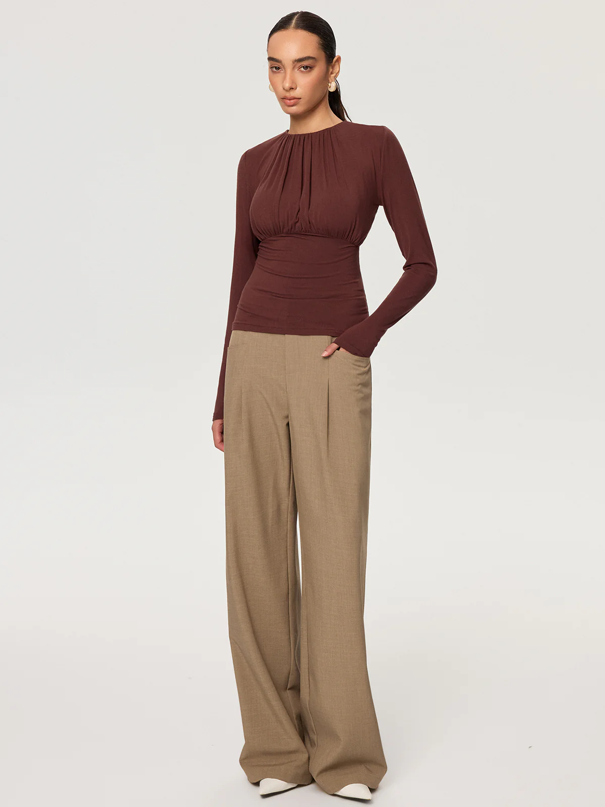 Ruched Long Sleeve Round Neck Knit Blouse - Image 4